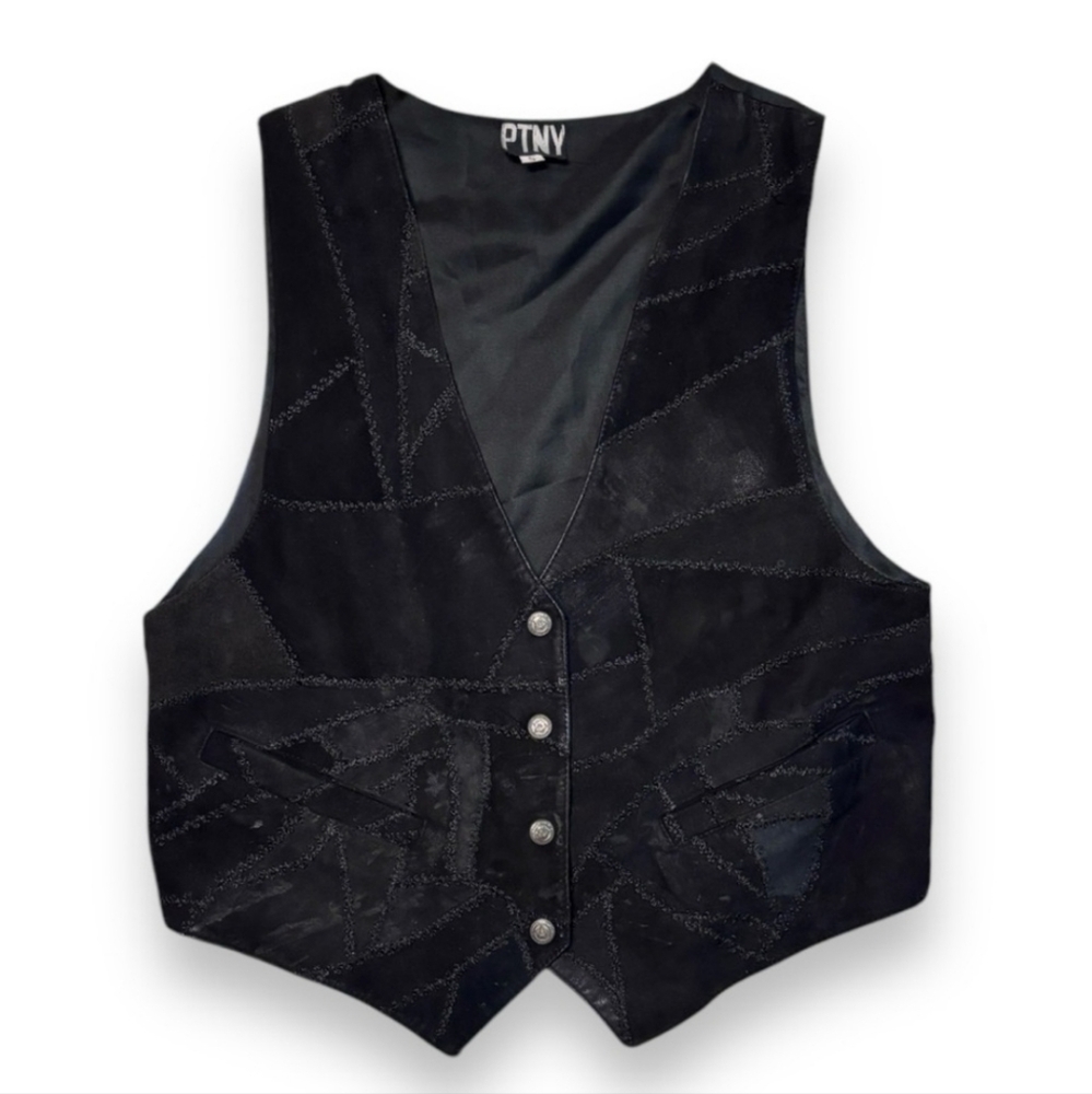 PTNY Black Patchwork Leather Snap Front Vest VINT… - image 1